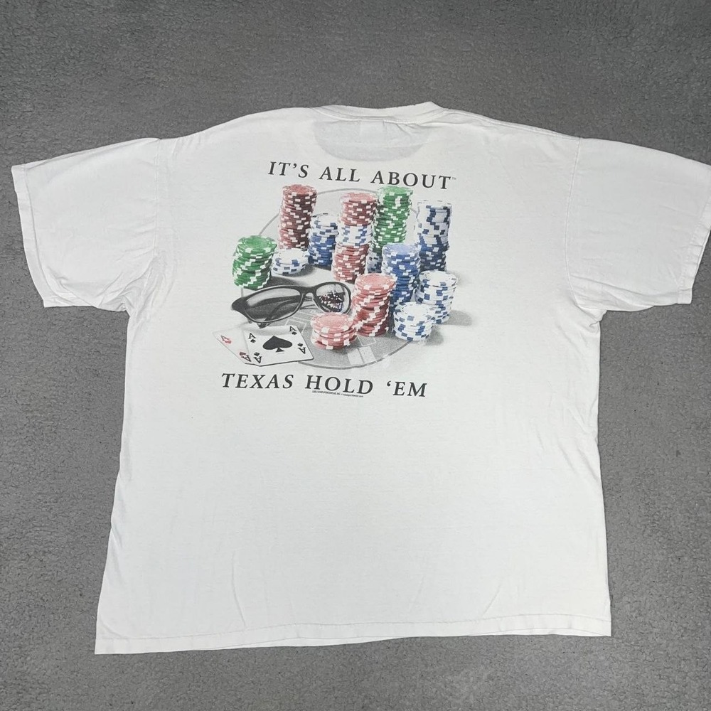 VTG Anvil It's All About Texas Hold 'Em T Shirt Men 2XL XXL White 2-Side Tee Y2k